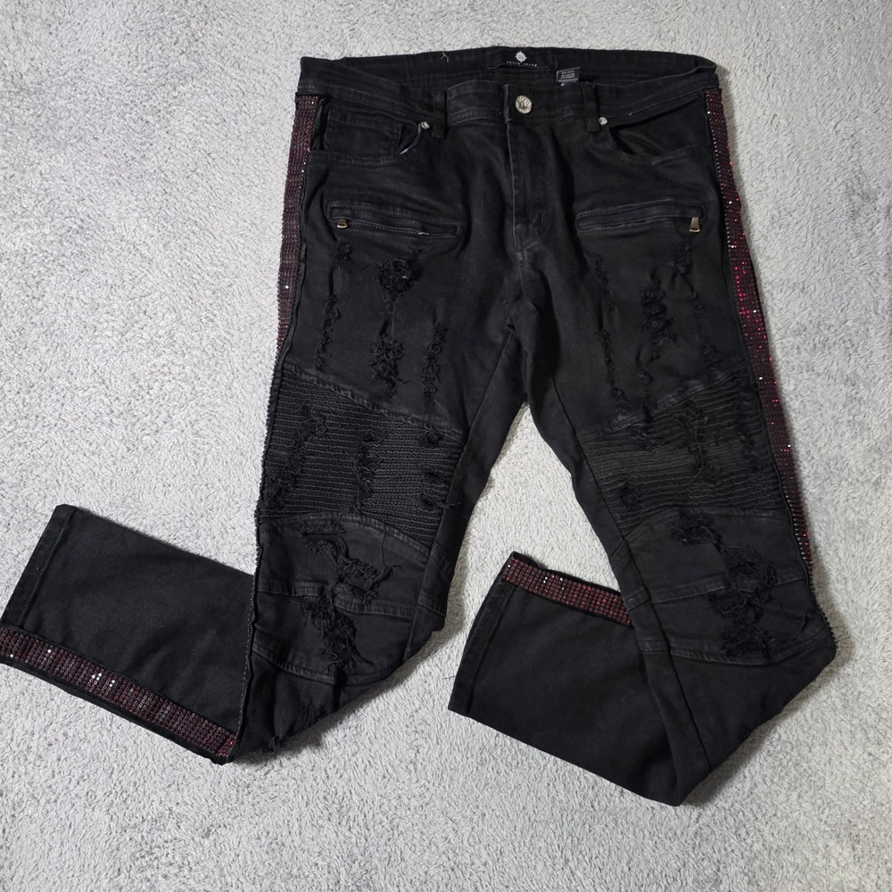 Focus‎ Jeans Mens 36x32 Moto Denim Black Distressed Red Rhinestone Side Stripe